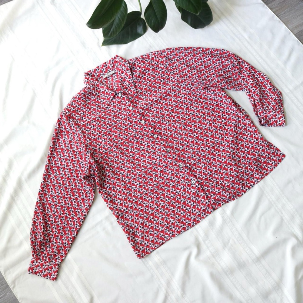 Red Record Patterned Long Sleeve Button Down Shirt - image 2